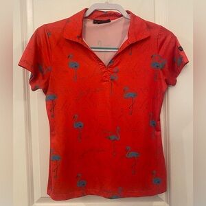 Yatta Golf Shirt Sz XS Red w/Teal Flamingos Pit To Pit 18” Shoulder To Hem 22”